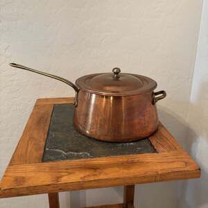 Vintage Farmhouse Copper Lidded Saucepan with Brass Handles and Tin Lining